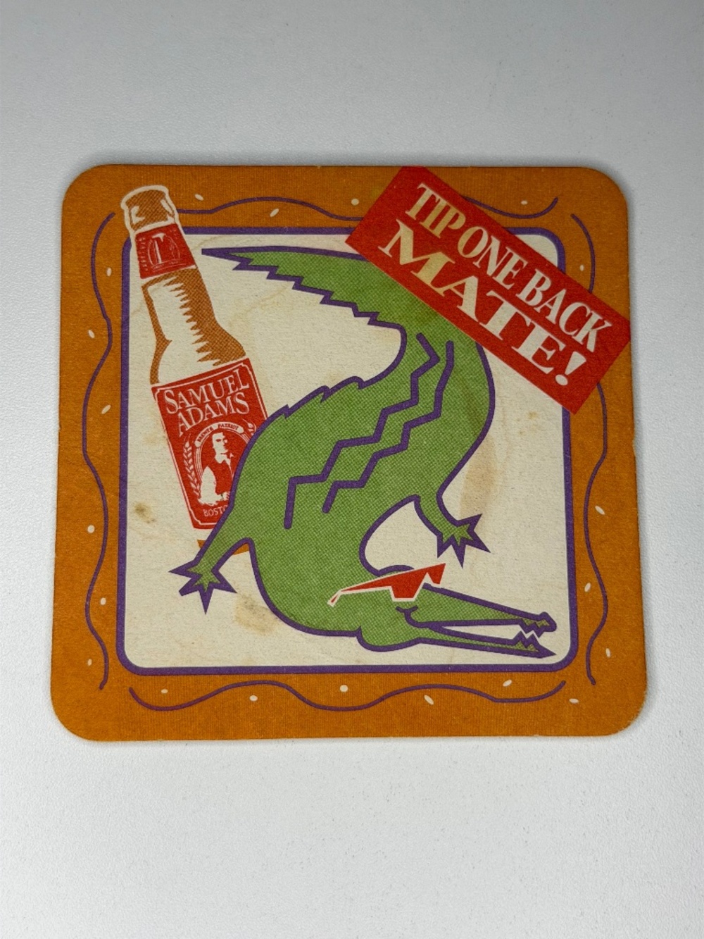 Vintage Samual Adams 'Tip One Back Mate!' Square Beer Coaster 4"